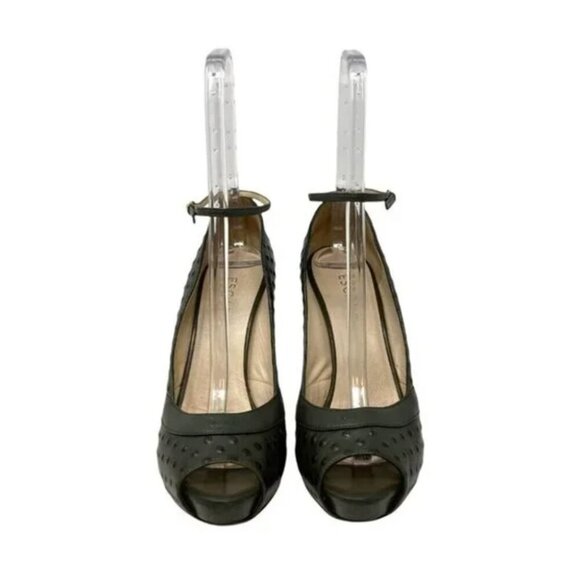 Escada Ostrich Embossed Sage Leather Peep Toe Pumps Size 11 - Picture 6 of 11